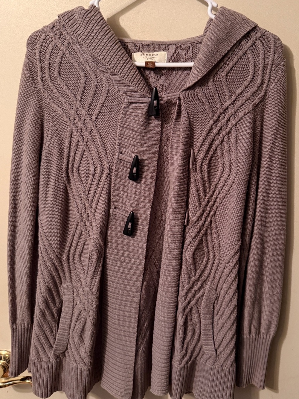 Sonoma Grey Hooded Cable Knit Toggle Chunky Cardigan Sweater Women’s Petite XL
